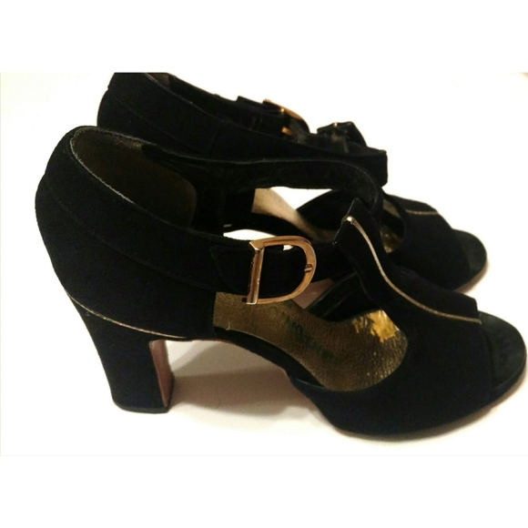 Black suede peep toe heels with Gold stripe - Picture 4 of 4